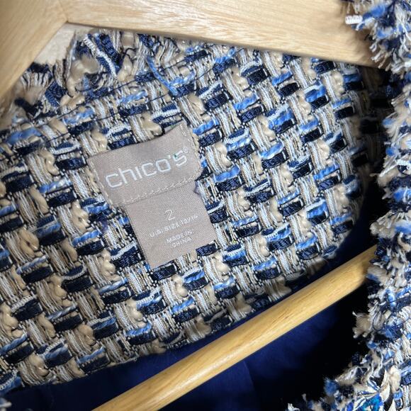 Chico's Woven Paisley Trim Blue Zip Up Blazer 2 (12/14) - Picture 2 of 11